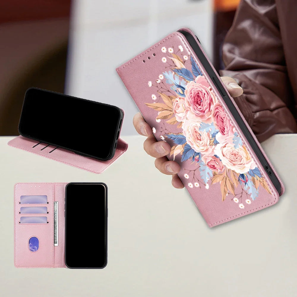 Flower Pattern Magnetic Leather Flip Wallet Case for iPhone 17 Pro Max 16 15 14 13 12 11 Pro Max 16 Plus Air Card Slots Holster