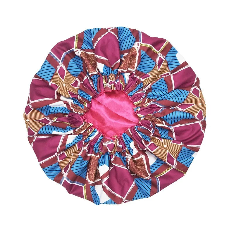 New African Ankara Pattern Satin Linned Bonnet Women Long Ribbon Headwrap Double Layer Headscarf Big Size Adult Hair Cover