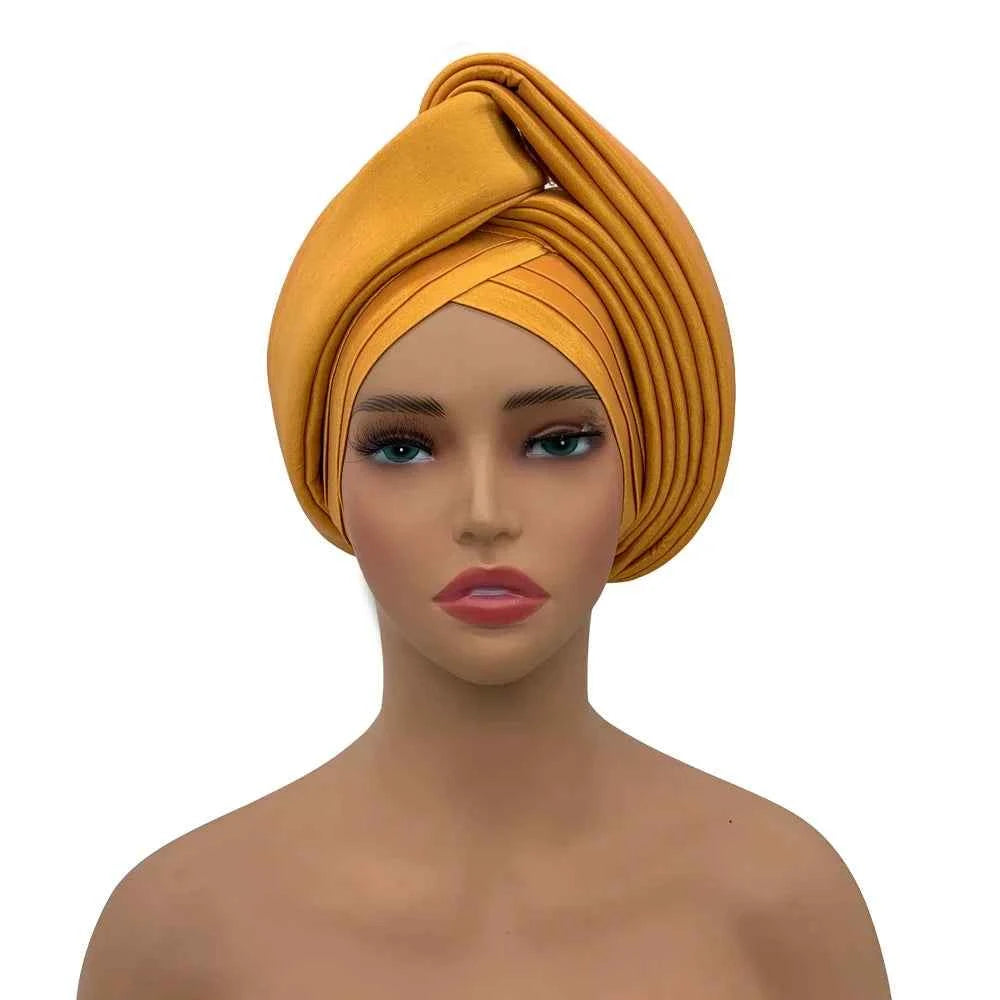Nigeria Raw Silk Autogele Headtie Wedding Party Headwear Turbante African Lady Head Wraps Knoted Turban Cap for Women