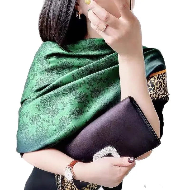 [BYSIFA] New Emerald Green Silk Scarf Women Brand Leopard Printed Square Scarves 90*90cm Fashion Accessories Headscarves Hijabs - NamafadStore