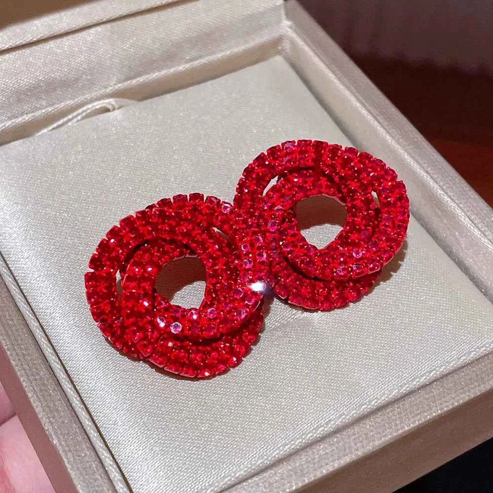 Luxury Shiny Colorful Rhinestones Stud Earrings for Women Bling Crystal Circle Flower Earrings Female Wedding Party Jewelry Gift