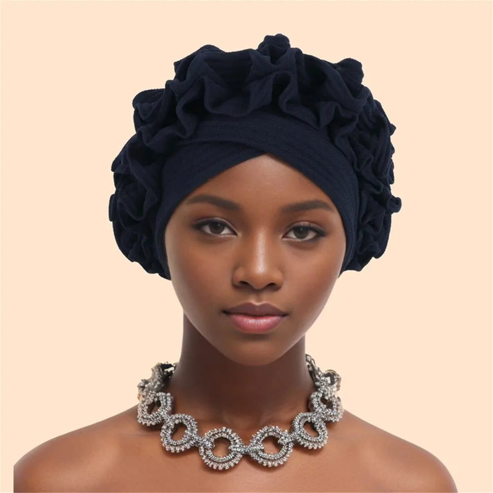 Ruffled Turban Cap Women's Head Wraps Soft Comfortable Headscarf Bonnet Lady Soild Color Headgear - NamafadStore