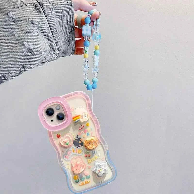 Bead Bracelet Chain Phone Holder Case For iPhone 15 16 17 14 13 12 11 Pro Max Plus XS XR 3D Rainbow Bracket Holder Stand Cover