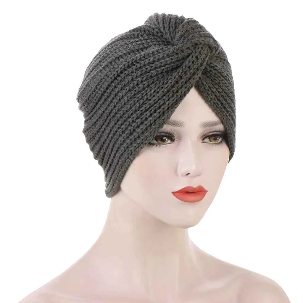Muslim Fashion Imitation Cashmere Turban Caps for Women Bohemian Style Hijab Caps Indian Hat Solid Color Ladies Knitted Cap