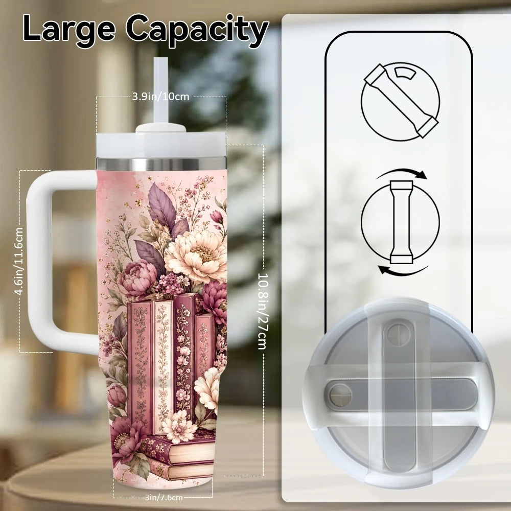 Floral & Book Lover 40oz Tumbler – Insulated Stainless Steel Cup with Straw