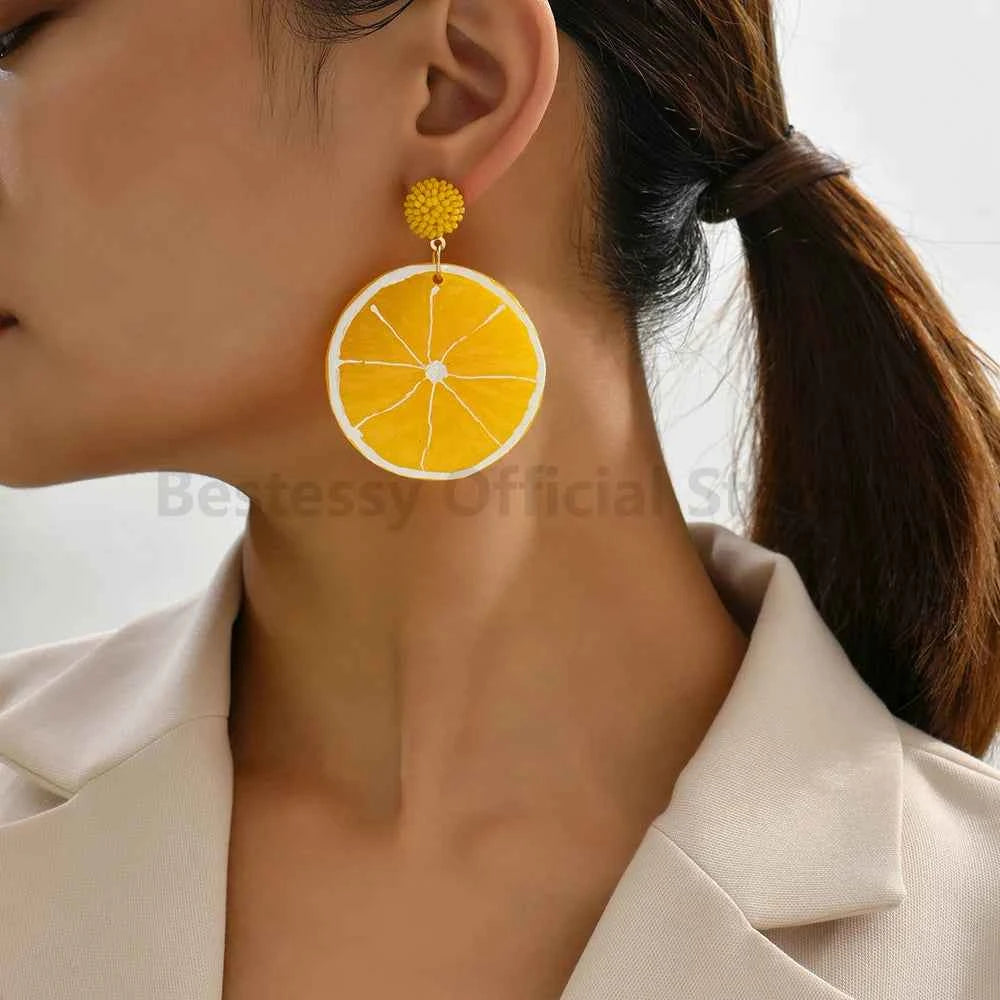 2025 Fruit Cartoon Round Dangle Earrings For Women Luxury Quality Beads Lemon Orange Pendientes Resin Fairy Jewelry Accessories