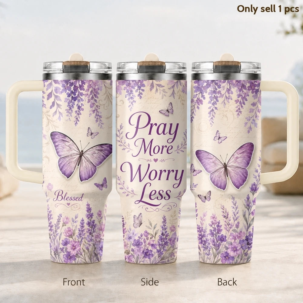 Purple Butterfly 40oz Tumbler – Floral Stainless Steel Insulated Cup with Straw