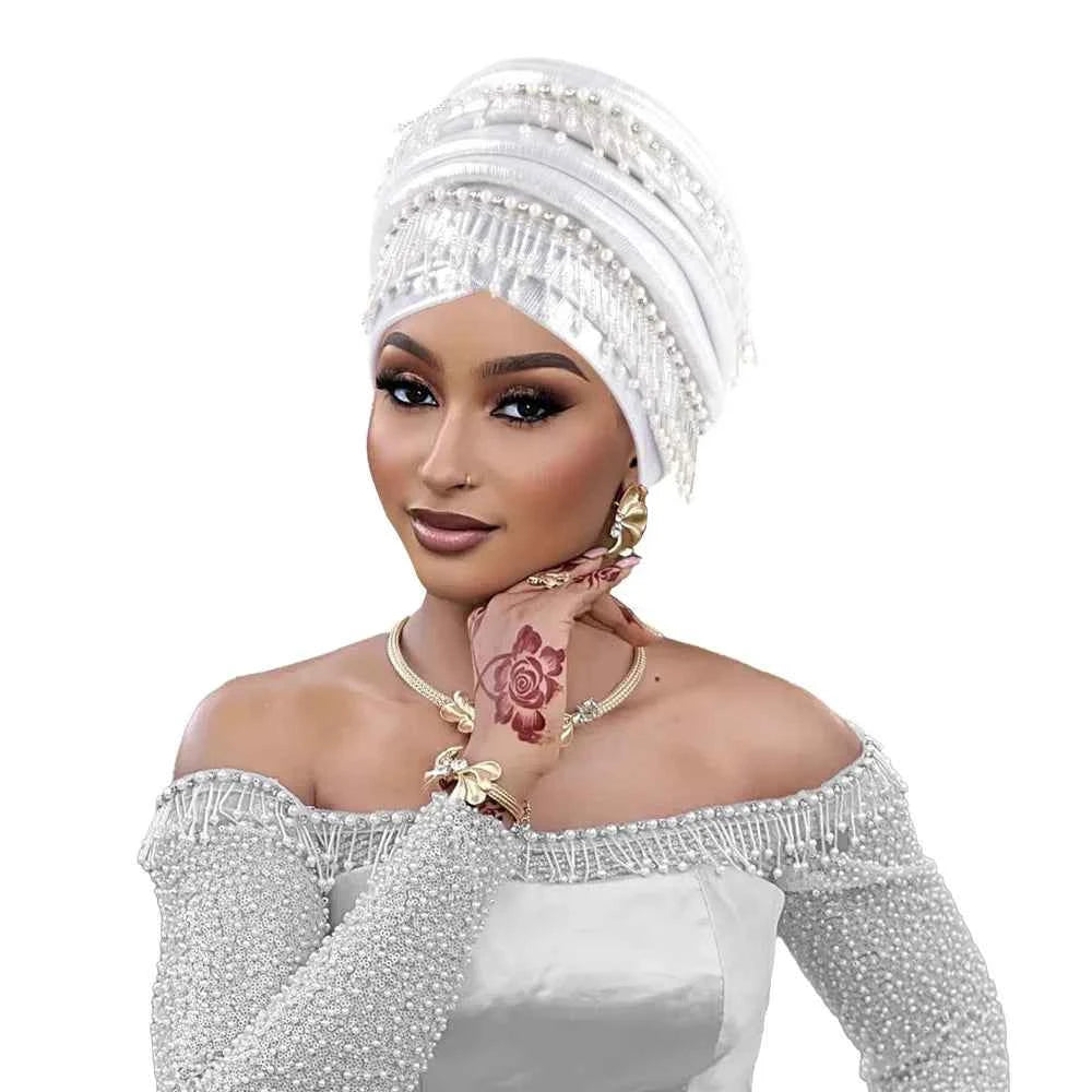 Fashion Turban Cap for Women African Lady Head Wraps with Beading Tassels Nigeria Weding Party Hat Headwear