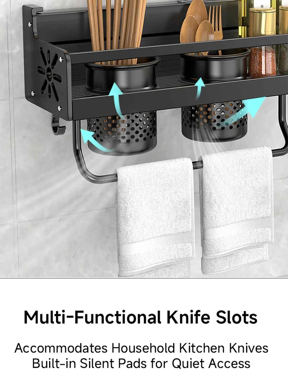 Metal Kitchen Shelf No-Punch Large Capacity Storage Kitchen Utensils Skeletonized Drainage Design Easy to Clean Black