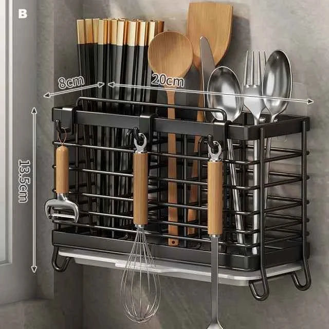 Cutlery Organizer Kitchen Storage Rack Wall Mounted Knife, Fork, Spoon Chopstick Rack with Drainage Tray Kitchen Utensil Cage