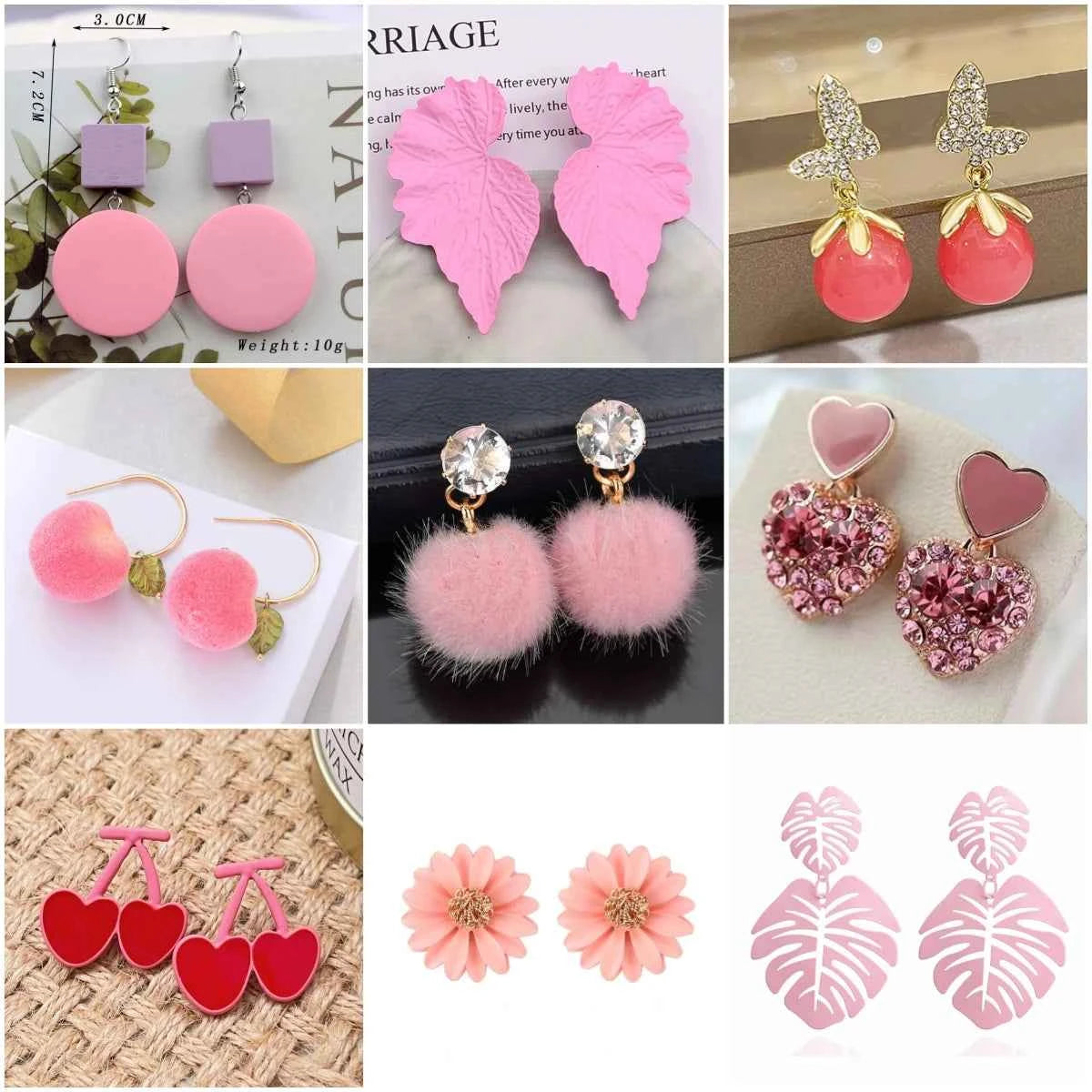Fashion Pink Crystal Heart Flower Earrings for Women Cute Party Romantic Hollow Leaf Peach Triangular Cherry Pearl Ear Jewelry