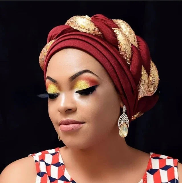 Women Braid Turbans Latest African Headtie Ladies Sequin Head Wraps African Aso Oke Winter Headtie Negerian Wedding Gele Caps