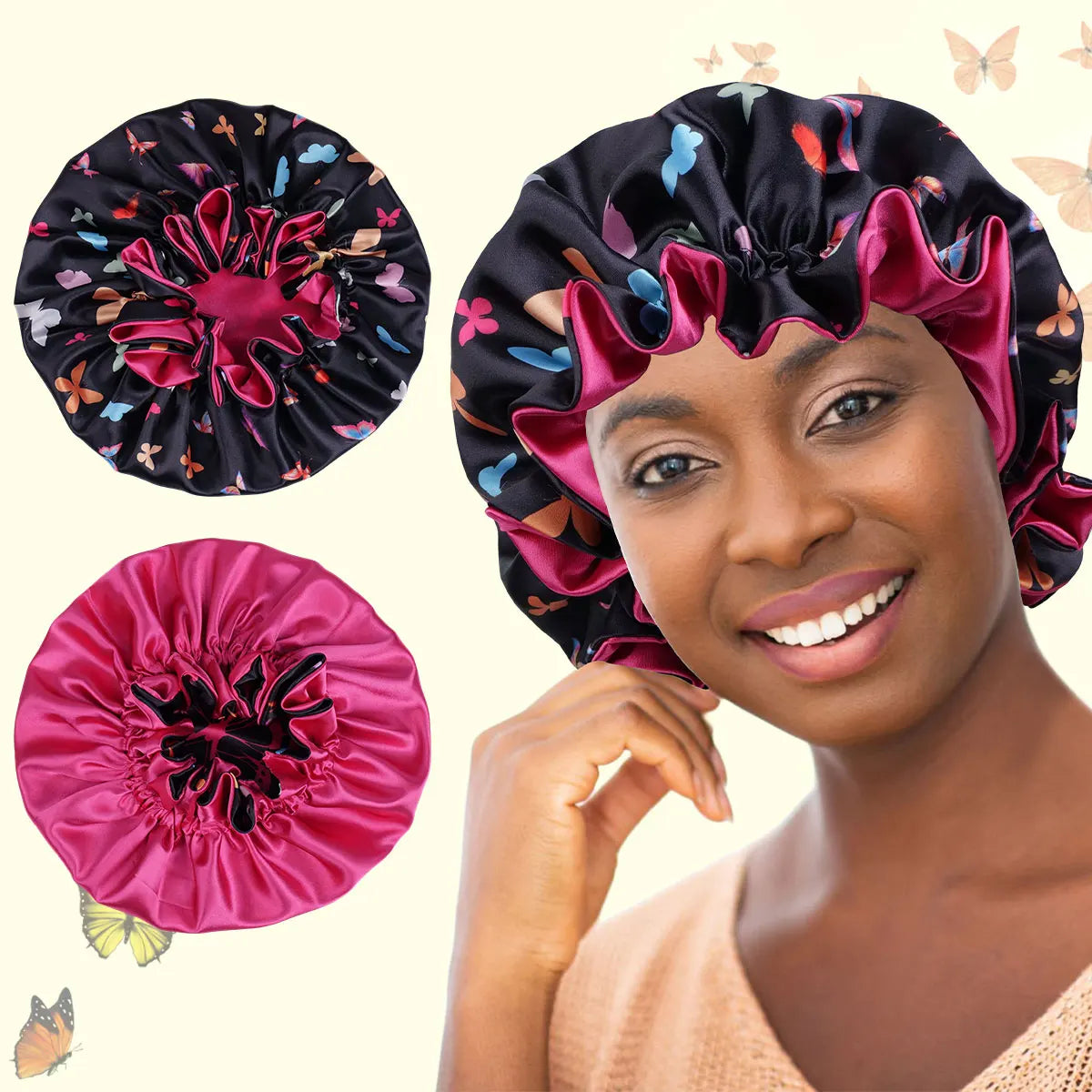 1pc Satin Sleep Bonnet with Butterfly Pattern - Double Layer Sleep Night Cap for Women & Men, Soft Satin Hair Protection
