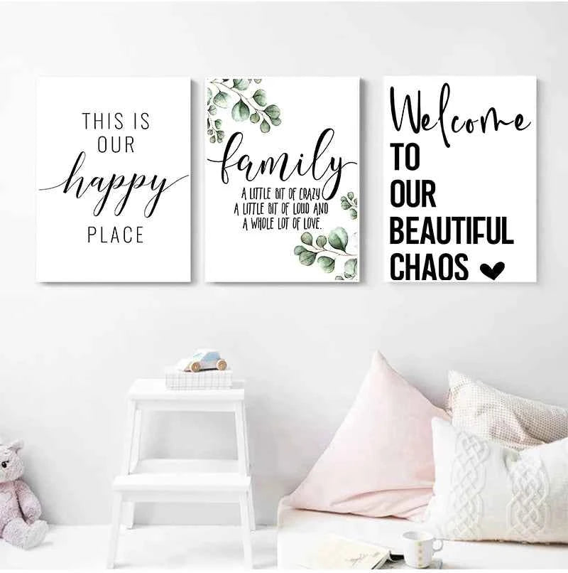 Family Simple Quote Picture Green Leaves Poster Black White Wall Art Canvas Painting Nordic Style Modern Print for Living Room