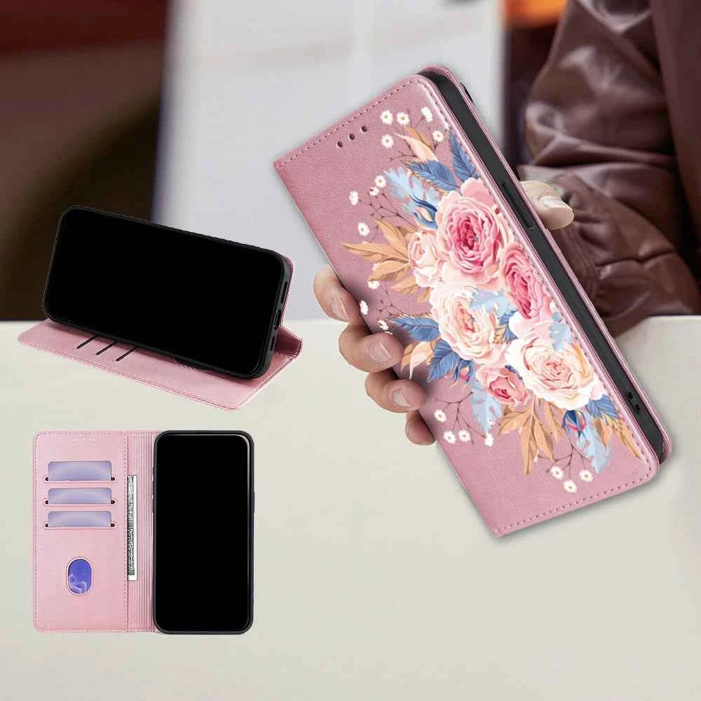Flower Pattern Magnetic Leather Flip Wallet Case for iPhone 17 Pro Max 16 15 14 13 12 11 Pro Max 16 Plus Air Card Slots Holster