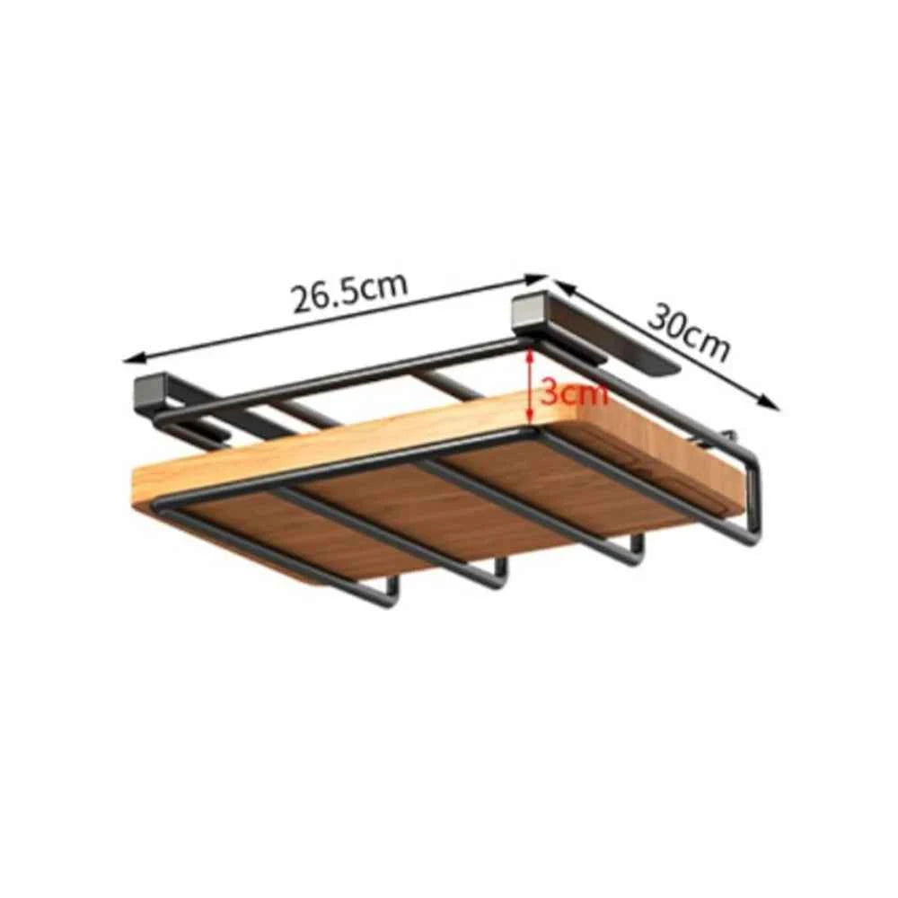 Under Cabinet Kitchen Organizer Rack with Hooks Multi-Purpose Storage Shelf for Paper Towel Cutting Board & Pot Lids