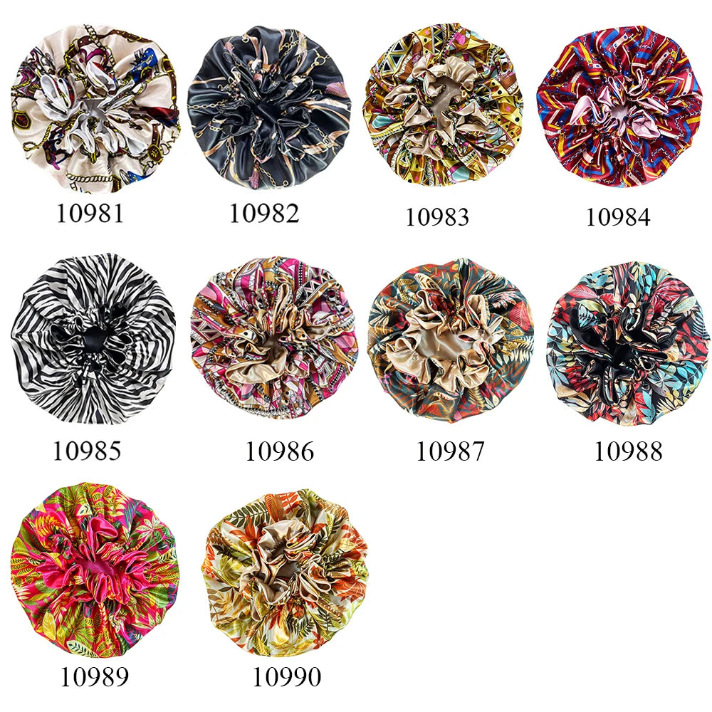 Women Satin Bonnet Cap Double Layer Silky Big Bonnet for Lady Printing Sleep Cap Head Wrap