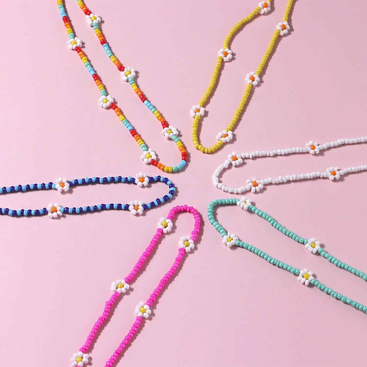 Colorful Charm Flower Beaded Necklace For Women Fashion Bohemia Rice Beads Adjustable Choker Clavicle Beach Jewelry Accessories