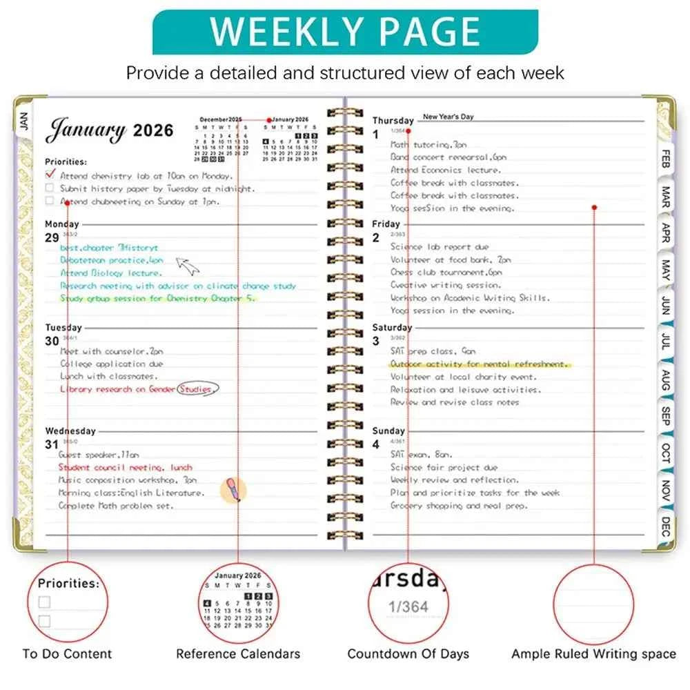 Yearly Schedule 2026 Planner Notebook Spiral Binding 365 Days Diary Office Work Planner 71 Sheet/142 Pages Plan Schedule