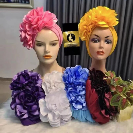 Women's Head Wraps Wedding Party Headpiece Muslim Headscarf Hat India Caps Exaggerated Big Flower African Turban Cap - NamafadStore
