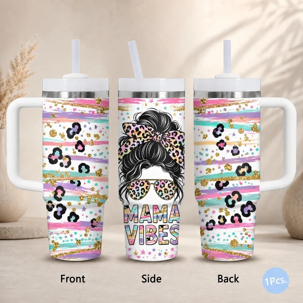 Mom Life 40oz Tumbler – Stainless Steel Insulated Travel Cup with Handle & Straw