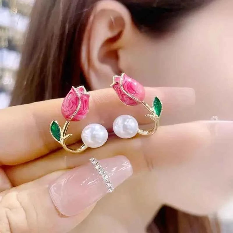 French Light Luxury Pink Tulip Flower Pearl Stud Earrings For Women Korean Zircon Exquisite Earring Party Christmas Jewelry Gift