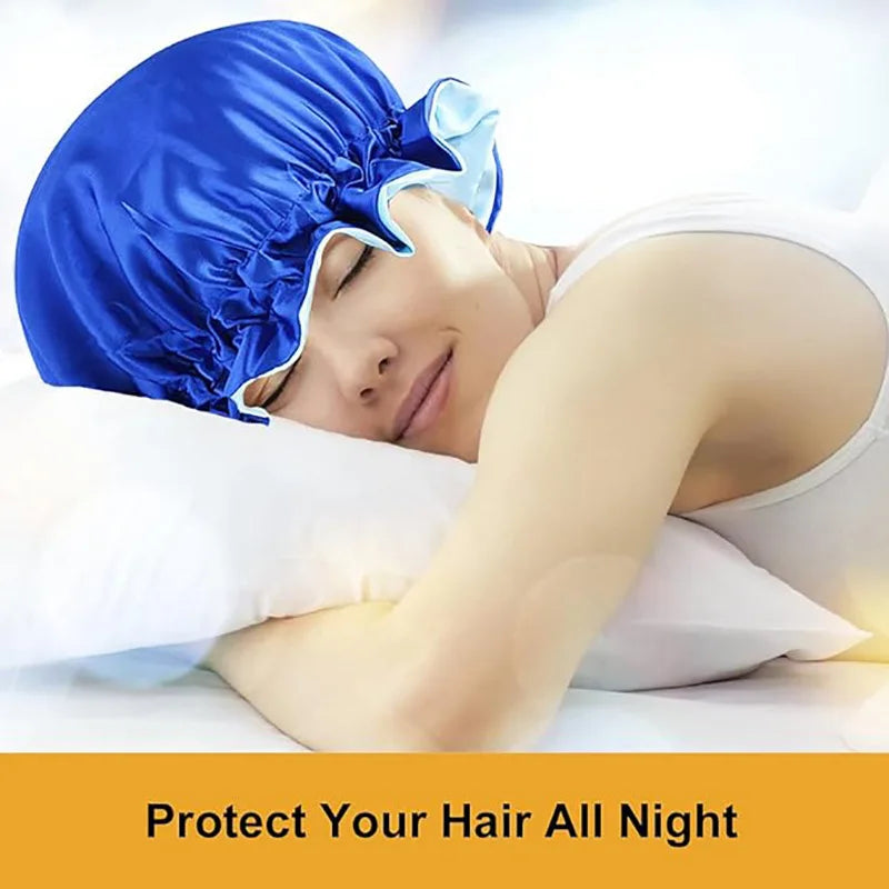 New Solid Elastic Double Layer Satin Bonnet Nightcap Women Night Sleep Hair Protection Hat Reversible Sleeping Hat Hair Care New - NamafadStore