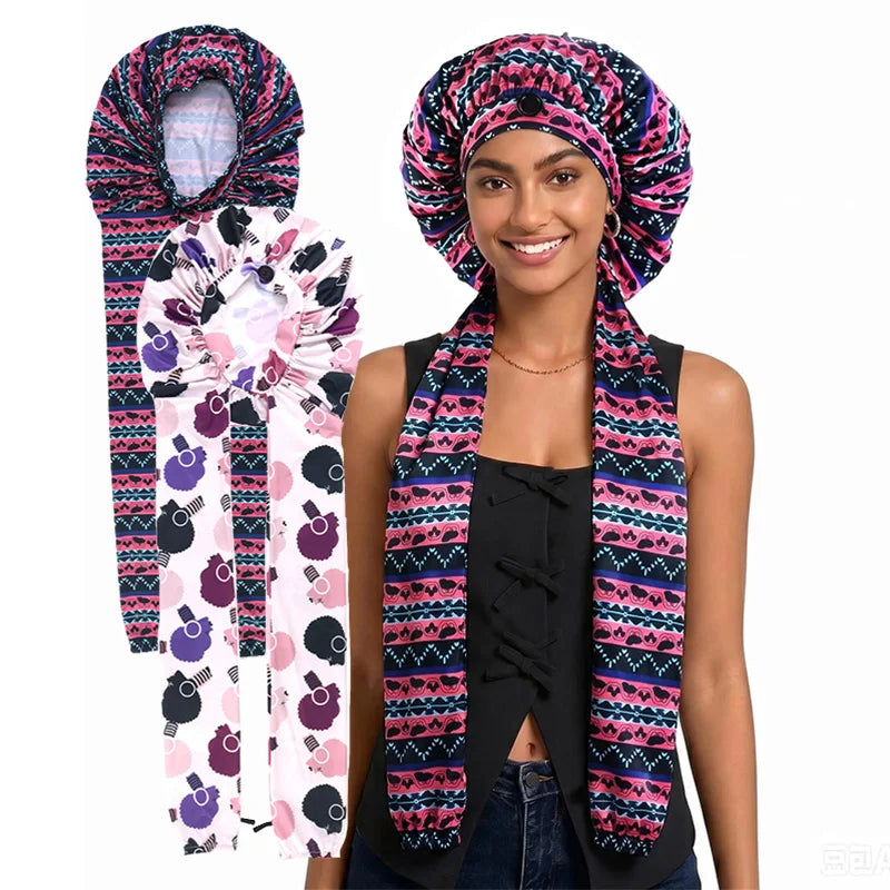 2-Piece Ice Silk Hair Bonnet & Head Wrap – Long Tube Sleep Caps