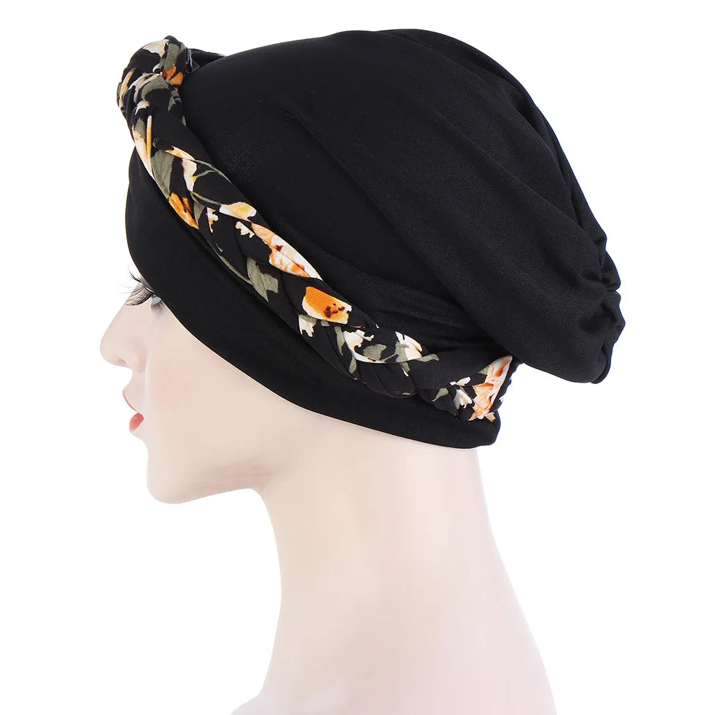 Muslim Women Twist Braid Turban Hats Pre Tied Headscarf Print Flower Hijabs Bandana Chemo Beanies Caps Cover - NamafadStore