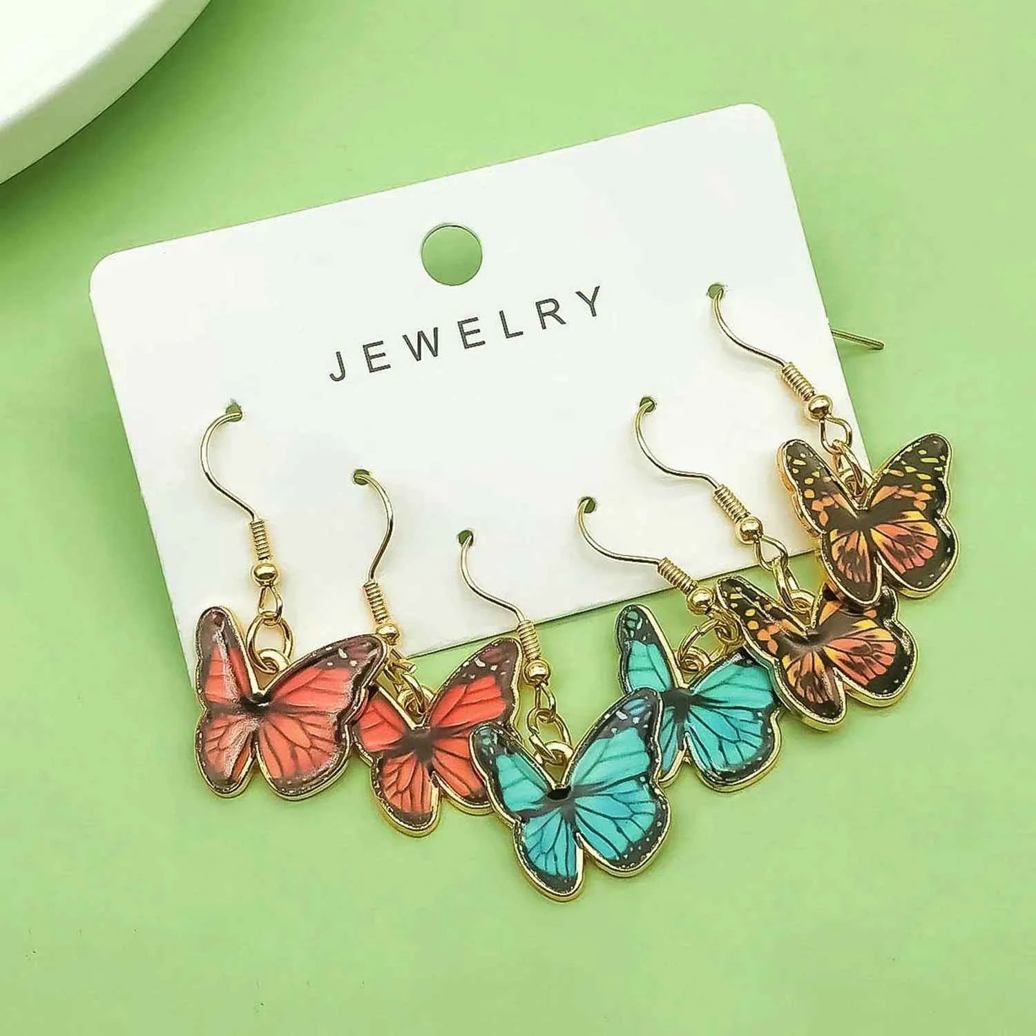3pairs Fashion Enamel Colorful Butterfly Design Drop Earrings, Jewelry Gifts For Women And Girls