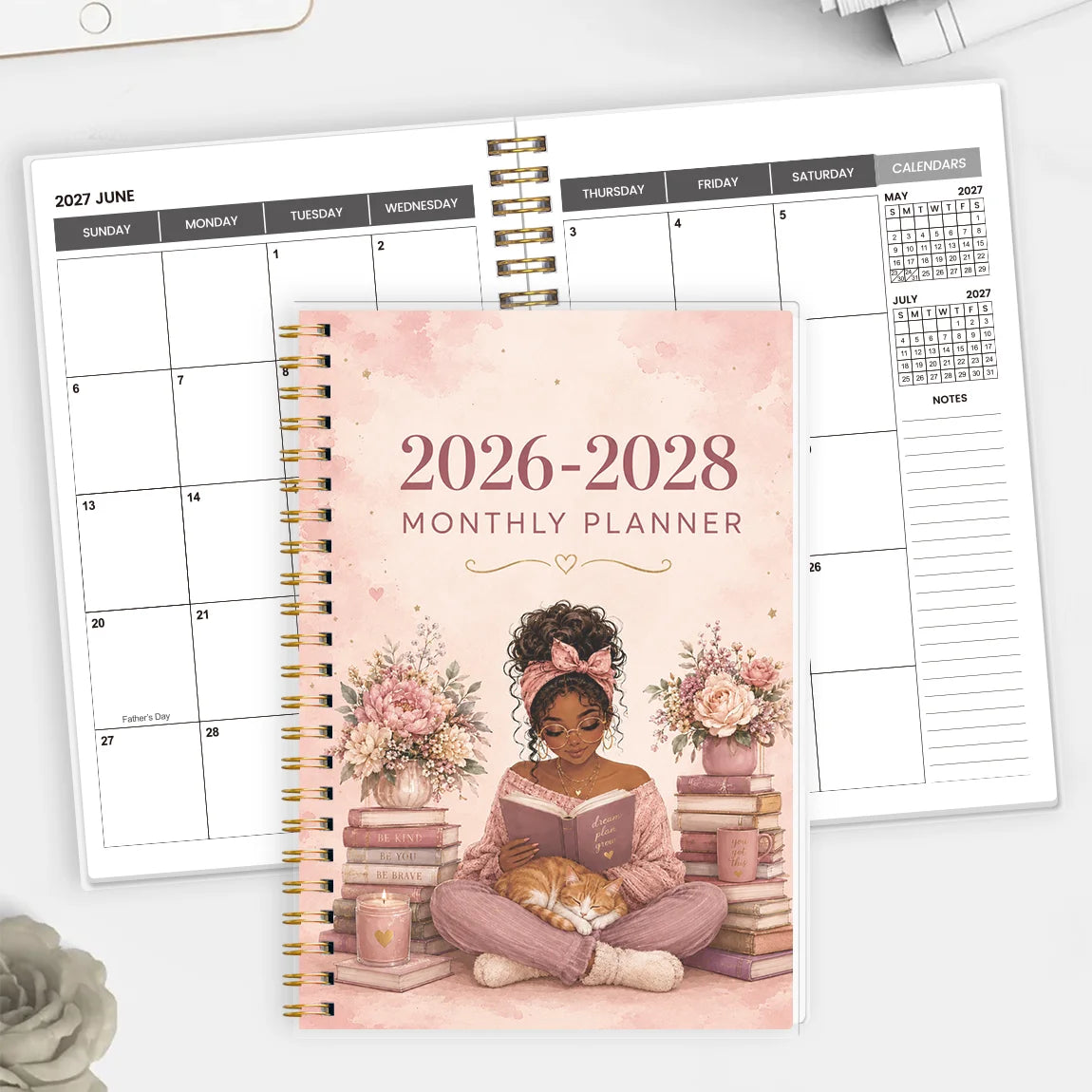 1PC 2026.7-2028.6 24 Monthly Planner, Reading Girl A5 Spiral Agenda Notebook with Reference Calendars and Notes Pages