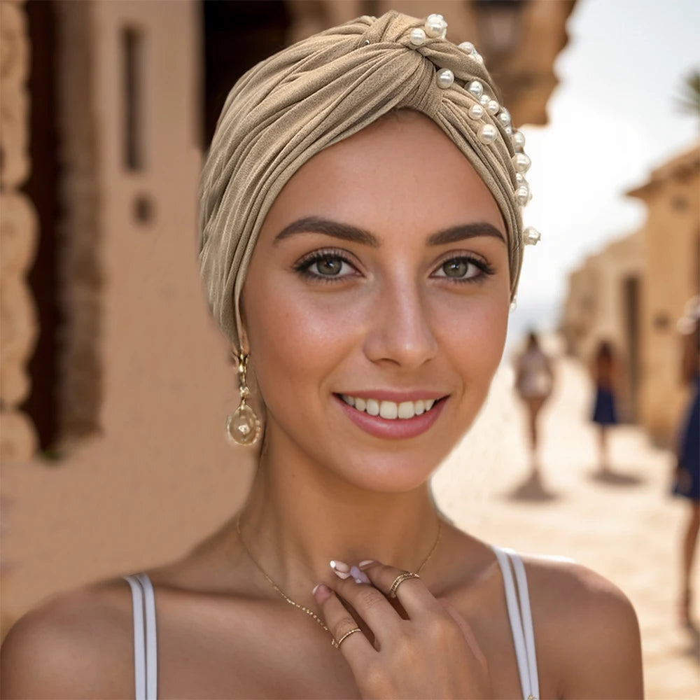 2024 Suede Twisted Turban Cap for Women Beading Head Wraps Bonnet Muslim Headscarf Hat Lady Wrap Head Scarf - NamafadStore