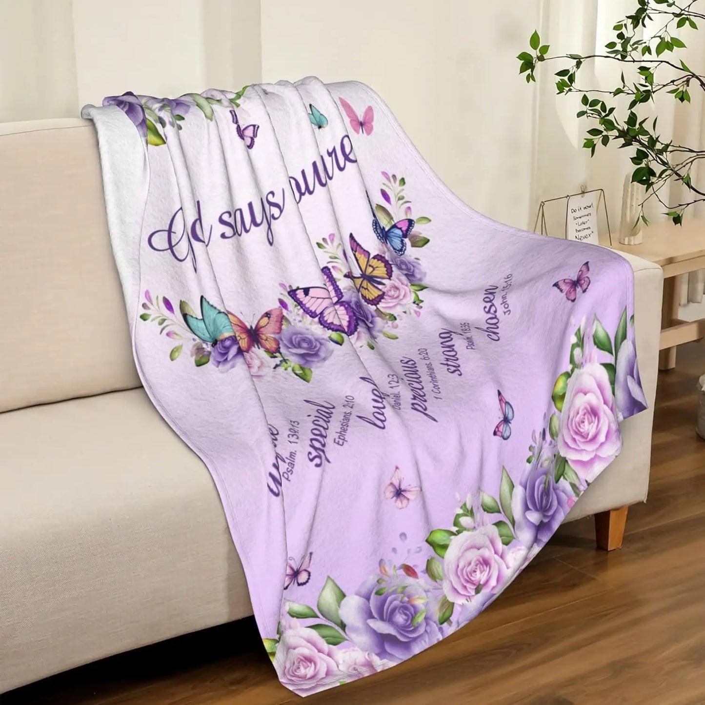 Purple Roses Butterfly Faith Blanket – Religious Fleece Throw for Home