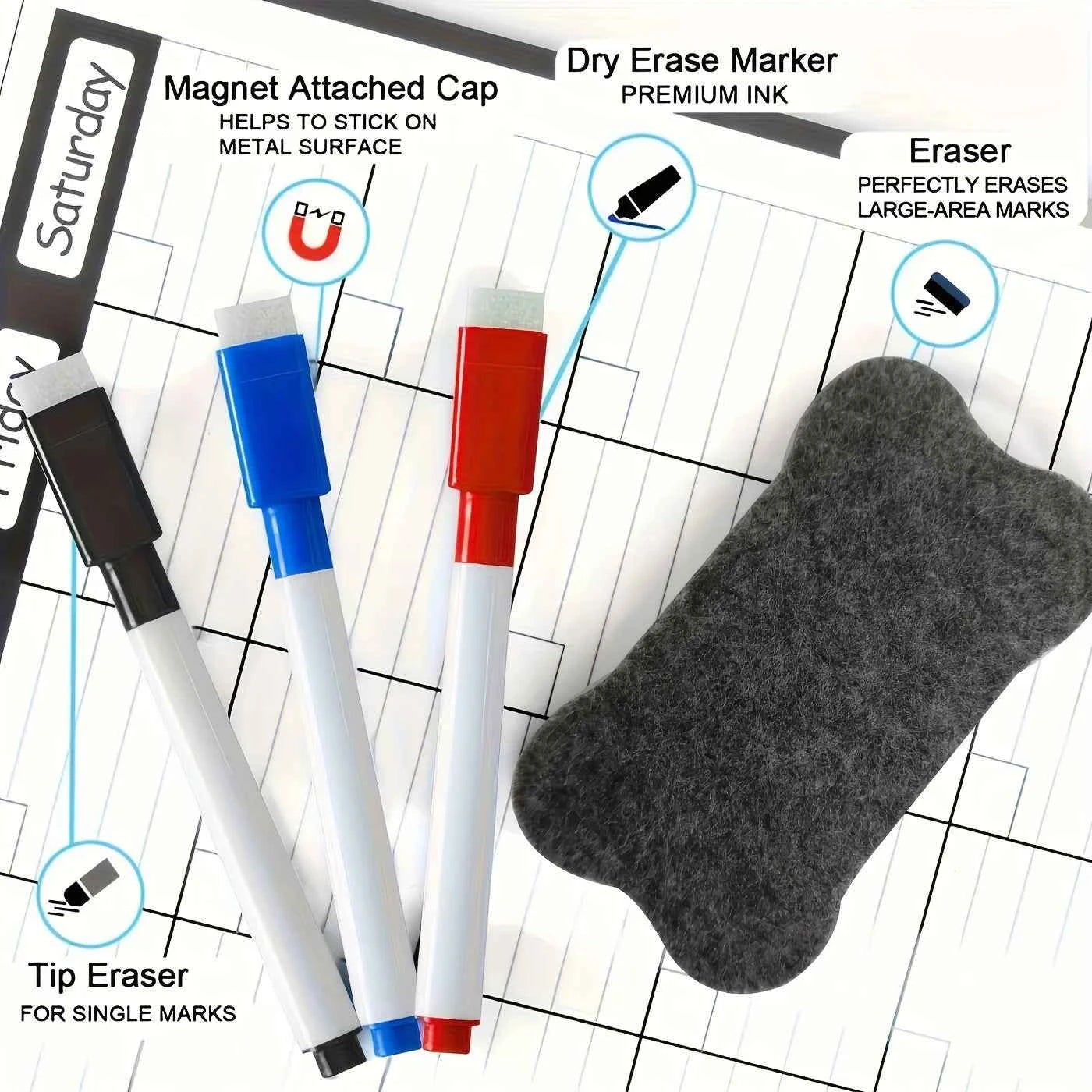 Magnetic refrigerator calendar planner is erasable and reusable, making it easy to organize kitchen refrigerators and meal plans