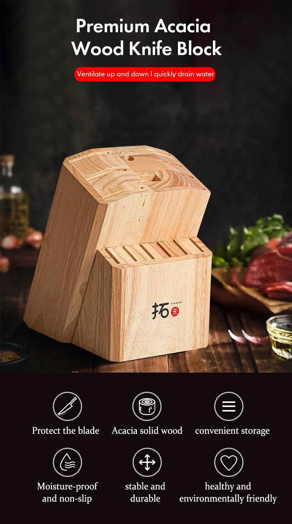 TURWHO Knife Stand Acacia Solid Wood For 15PCS Kitchen Knives Set Scissors Sharpening Rod Holder Knife Block Shelf Storage Tools