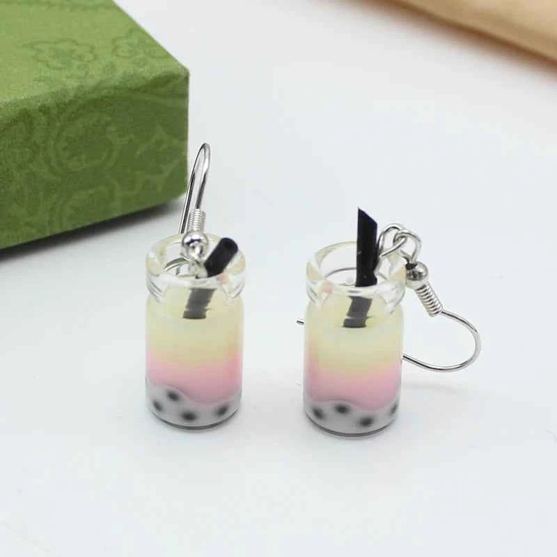 Trend Creative Funny Three Layers Colored Bubble Milky Tea Pendant Earrings for Women Personality Drink Ear Jewelry Girl Gift