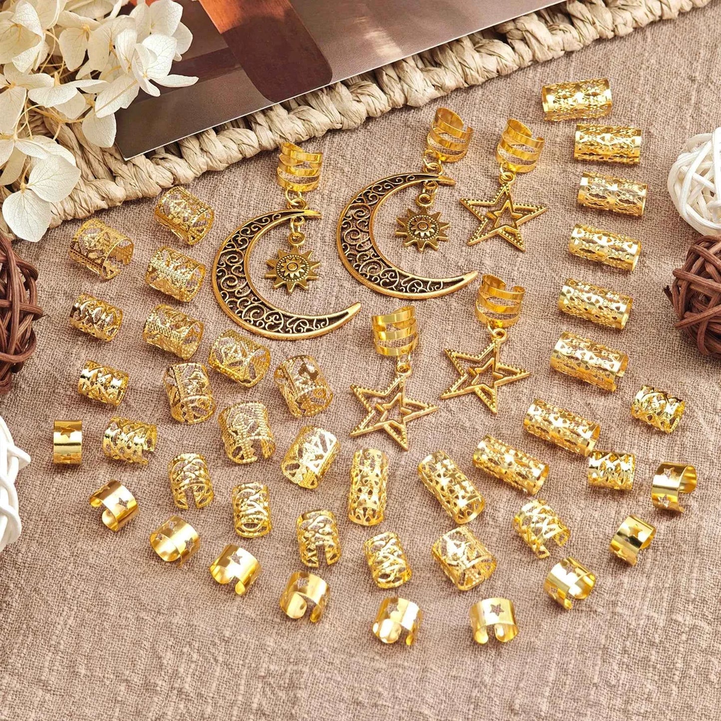 45pcs Women Dreadlock Bead Assortment Moon & Star Design Hair Accessories, Fashion Unique Hair Clip, School Stuff