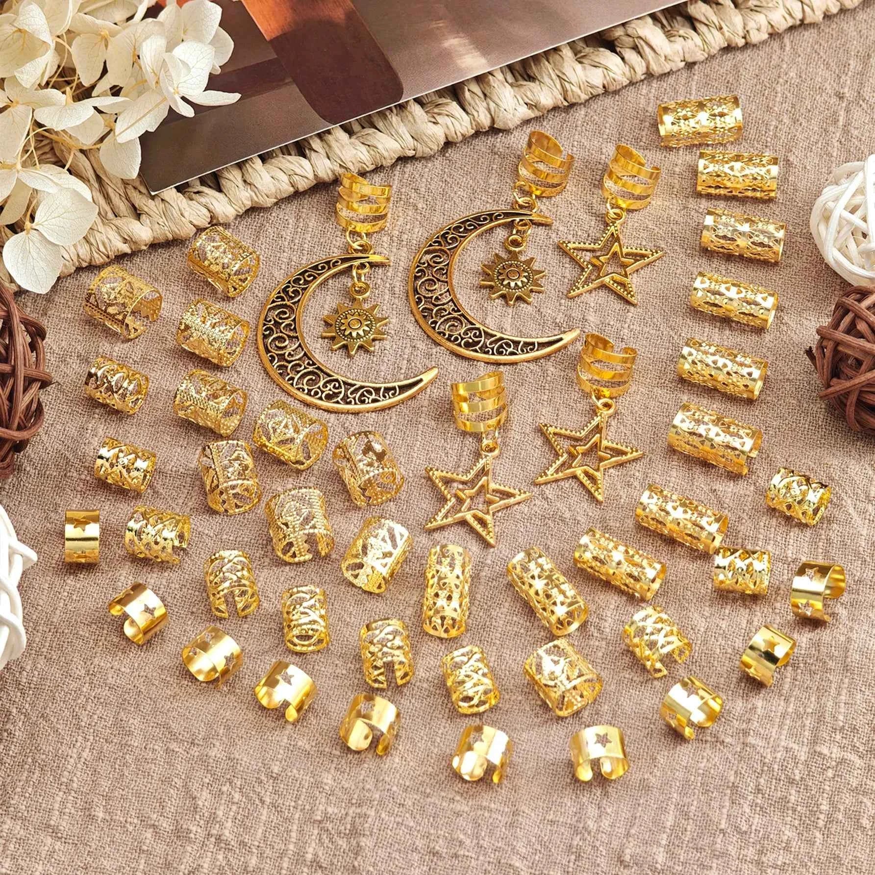 45pcs Women Dreadlock Bead Assortment Moon & Star Design Hair Accessories, Fashion Unique Hair Clip, School Stuff