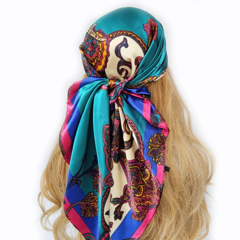 New 90*90cm Retro Brand Women Silk Scarf Bandanna Fashion Bohemian Pattern Square Hijab Lady Wrap Headband foulard muffler