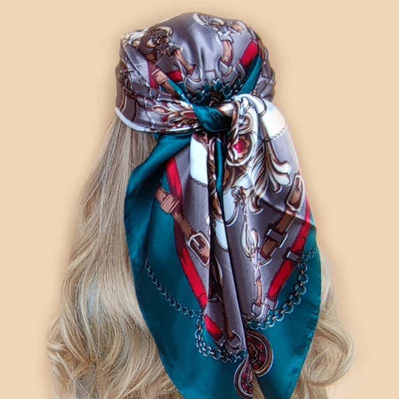 New 90*90cm Retro Brand Women Silk Scarf Bandanna Fashion Bohemian Pattern Square Hijab Lady Wrap Headband foulard muffler