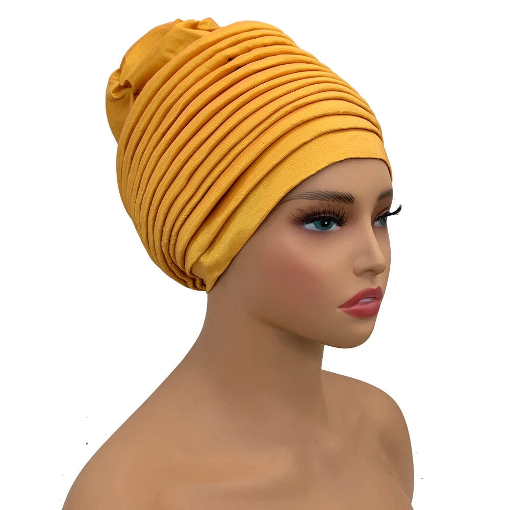 New Raw Silk Pleated Turban Cap for Women African Female Head Wraps Nigeria Lady Headwear Hat Wedding Headtie - NamafadStore