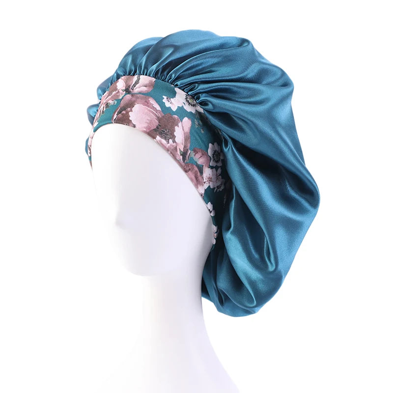 New Big Size Floral Print Bonnet Satin Wide Elastic Band Beanie Night Sleep Caps Head Cover African Headwrap Turban Chemo Caps - NamafadStore