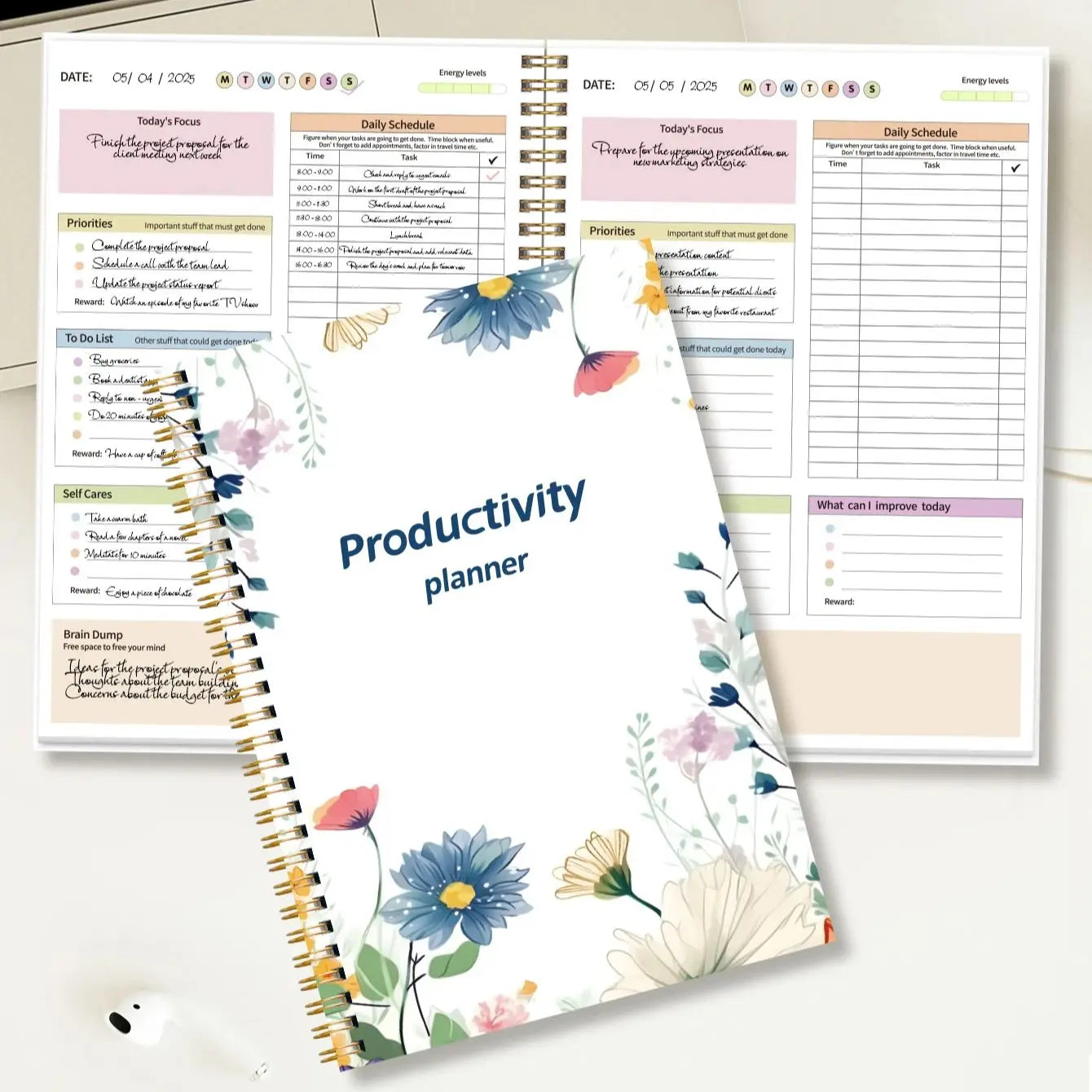 Floral Productivity Planner Spiral Daily Organizer with Focus, Priorities, to Do List, Self Care & Brain Dump