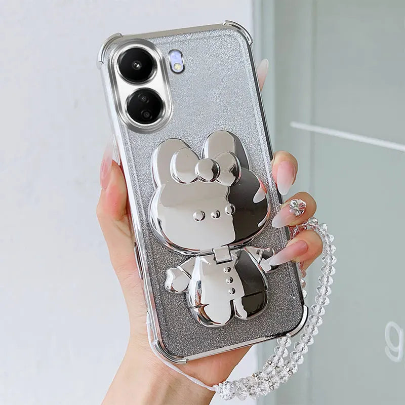 Luxury Shockproof Phone Case with Cute Rabbit Makeup Swivel Stand Crystal Lanyard For Xiaomi Redmi 13C 4G Poco C65 Back Cover