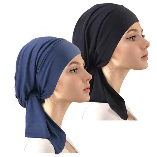 2PCS Pre-Tie Muslim Turban – Elastic Ribbon Head Scarf & Fashion Beanie for Women