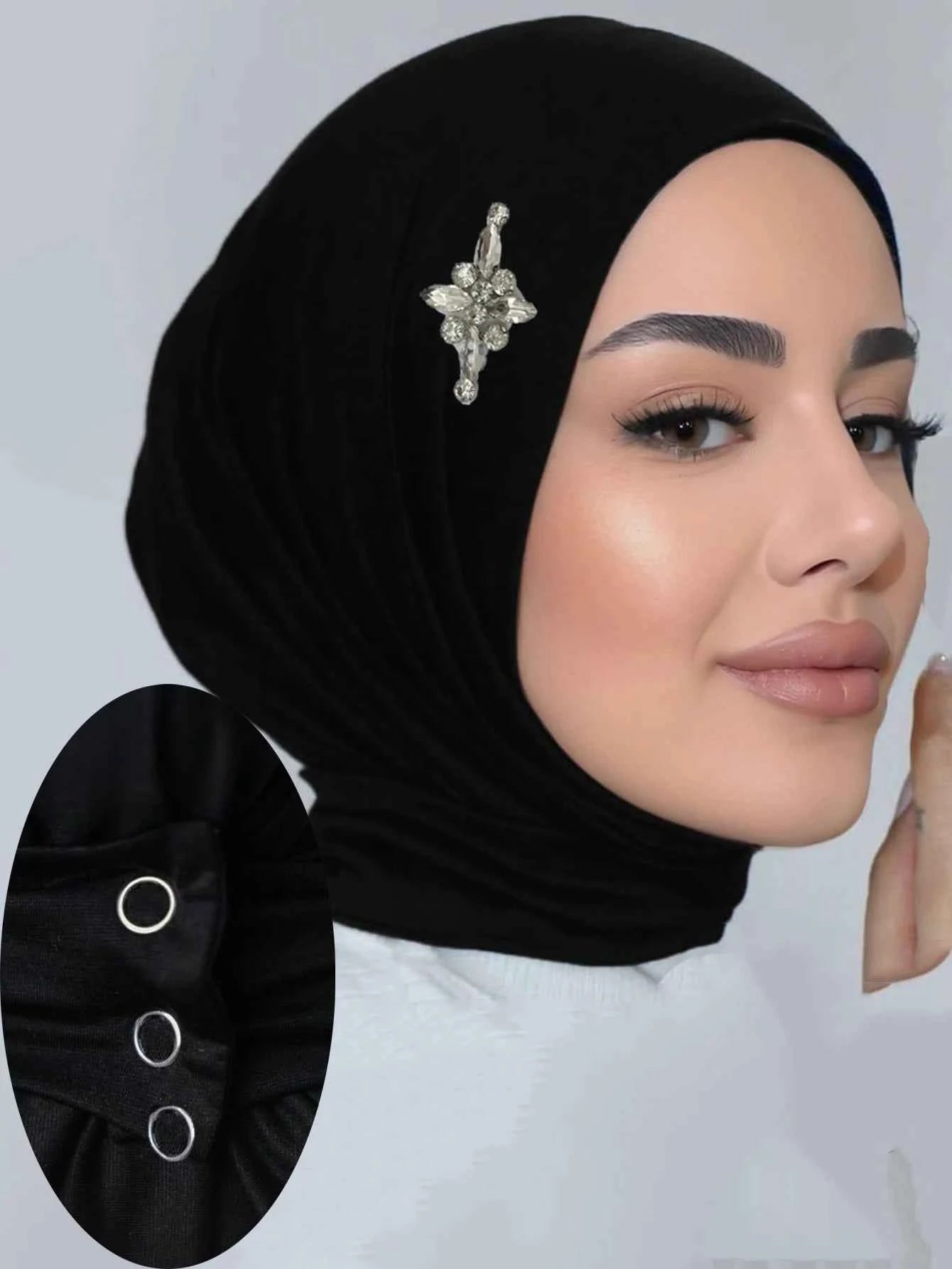 Ready to Wear Instant Hijab with Crystal Flower Full Cover Inner Instant Jersey Scarf With Tie Back Buttons Muslim