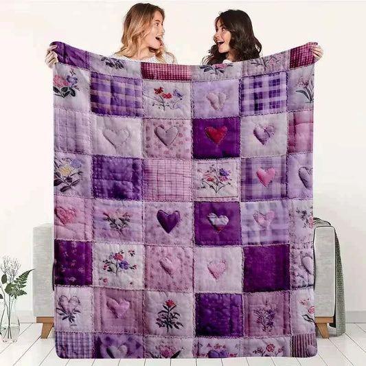Vintage Purple Plaid Patchwork Blanket Soft Plush for All Seasons, with Pink and Lilac Hearts  for Camping & Gifts Sizes Availa