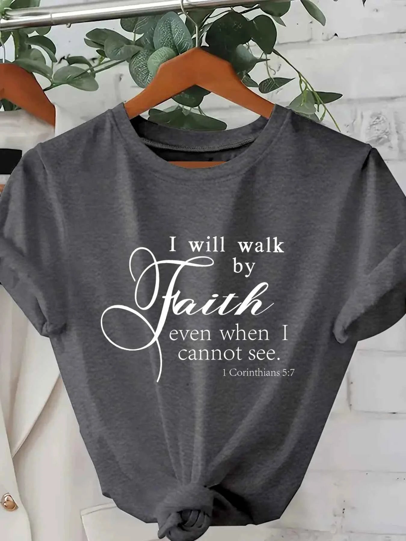 Walk By Faith Women's Tee - Bible Verse Graphic Pink Casual Top