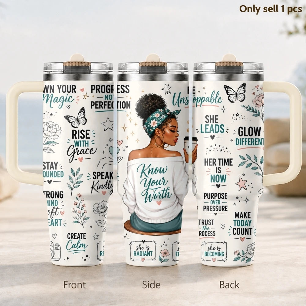 40oz Empowered Black Woman Tumbler – Inspirational Stainless Steel Travel Mug