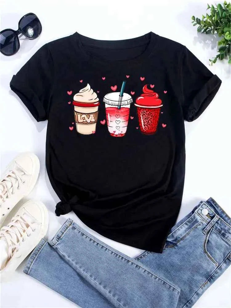 Maycaur Women's Oversized T-shirt Tee Korean Fashion Coffee Cup Print Graphic Female Clothes Valentine's Day Tops Lover T Shirts